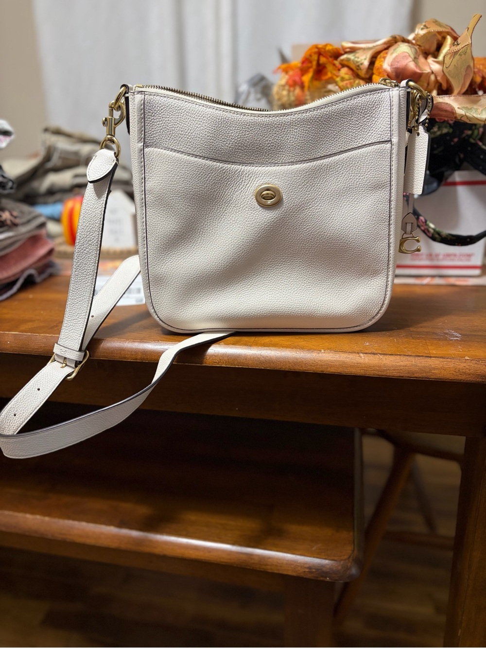 Coach White Pebbled Leather Turnlock Crossbody Bag